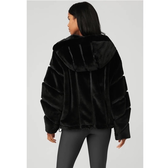 ALO Yoga Knock Out Faux Fur and Leather Hooded Oversized Jacket Coat Black - Picture 2 of 14